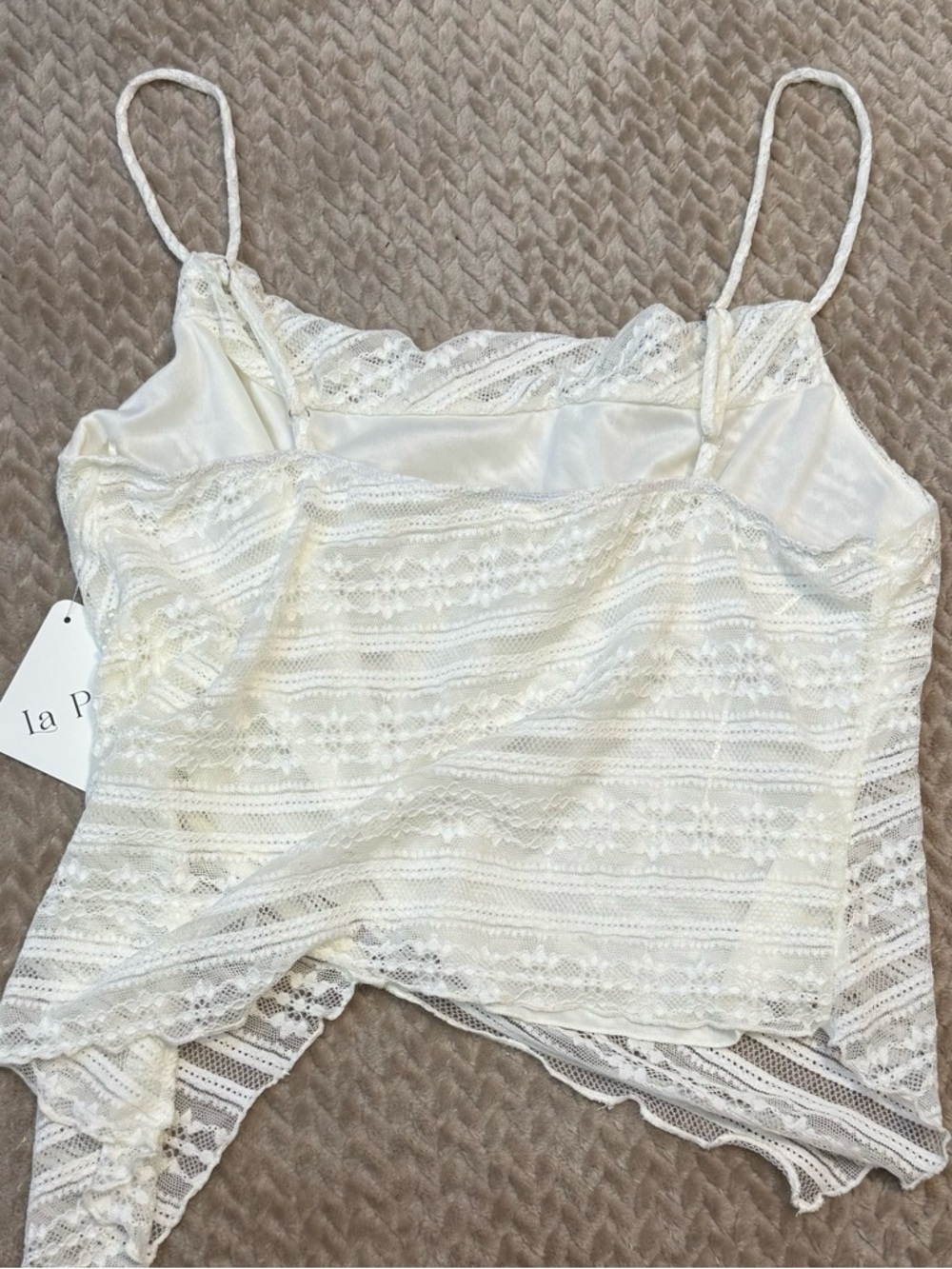 SOLD Lace Camisole XL Ivory Pearl Trim Asymmetrical Y2K Coquette Top - Picture 7 of 12